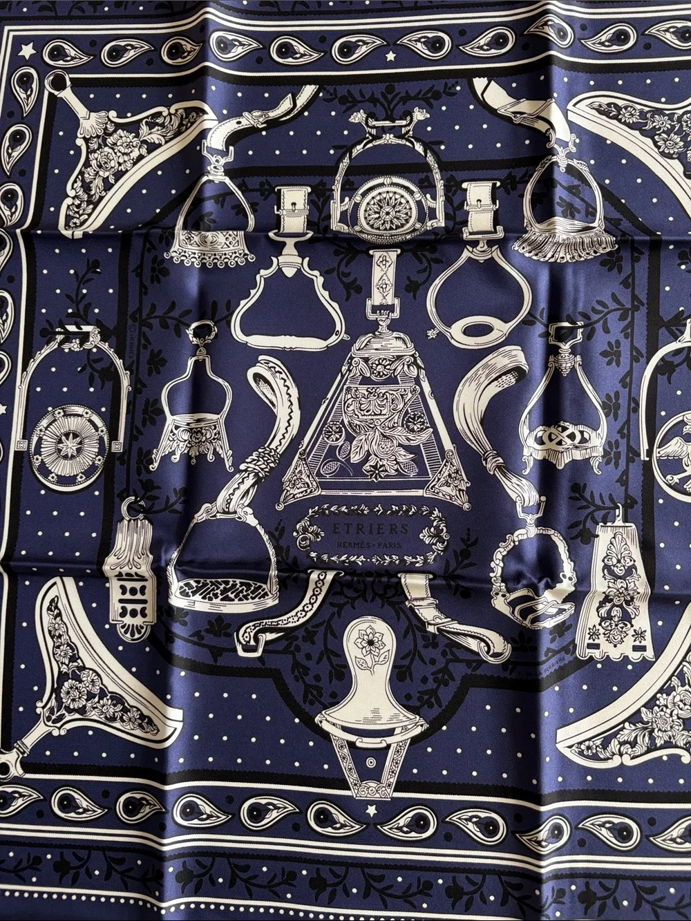 Hermes Navy Blue and White Equestrian Print Silk Scarf  Etriers Remix bandana 55